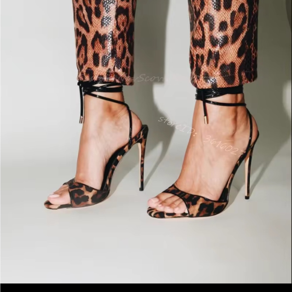 Leopard Peep Toe Sandals Ankle Lace Up Stiletto Heels Slingback